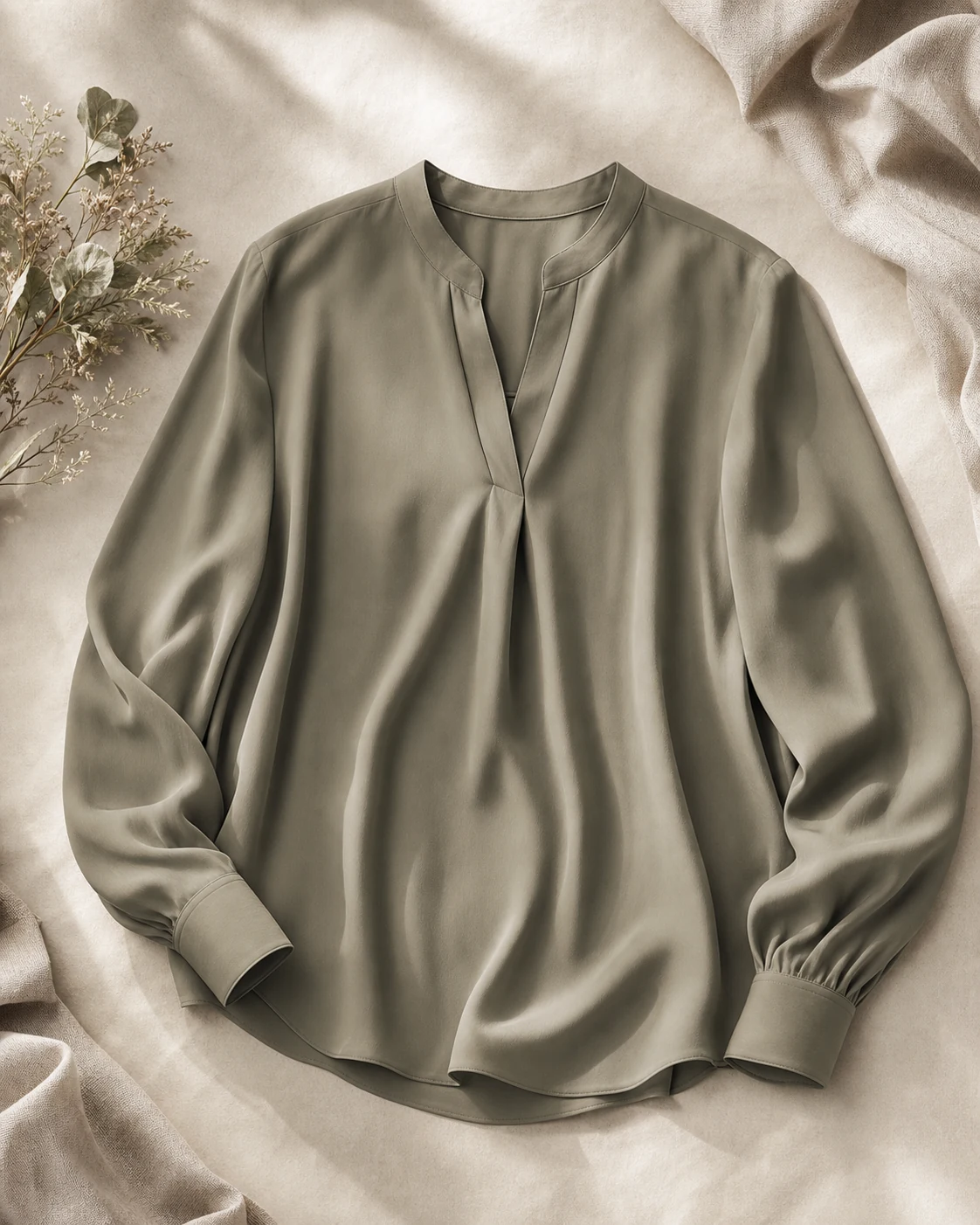 Blusa oliva grisácea en tejido mate