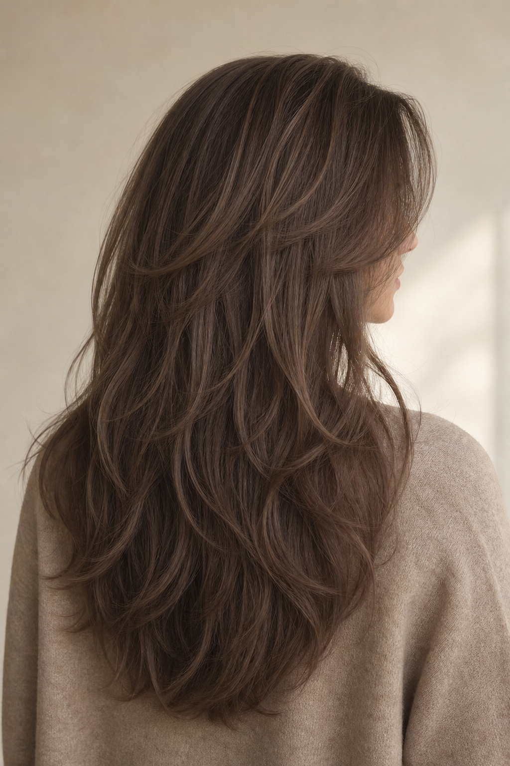 Cabello largo con capas suaves en tono mushroom brown