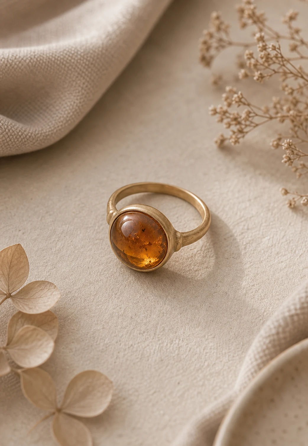 Anillo de ámbar con oro antiguo sobre beige champiñón