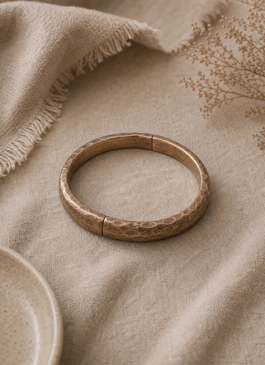 Pulsera de bronce texturizado sobre tela topo