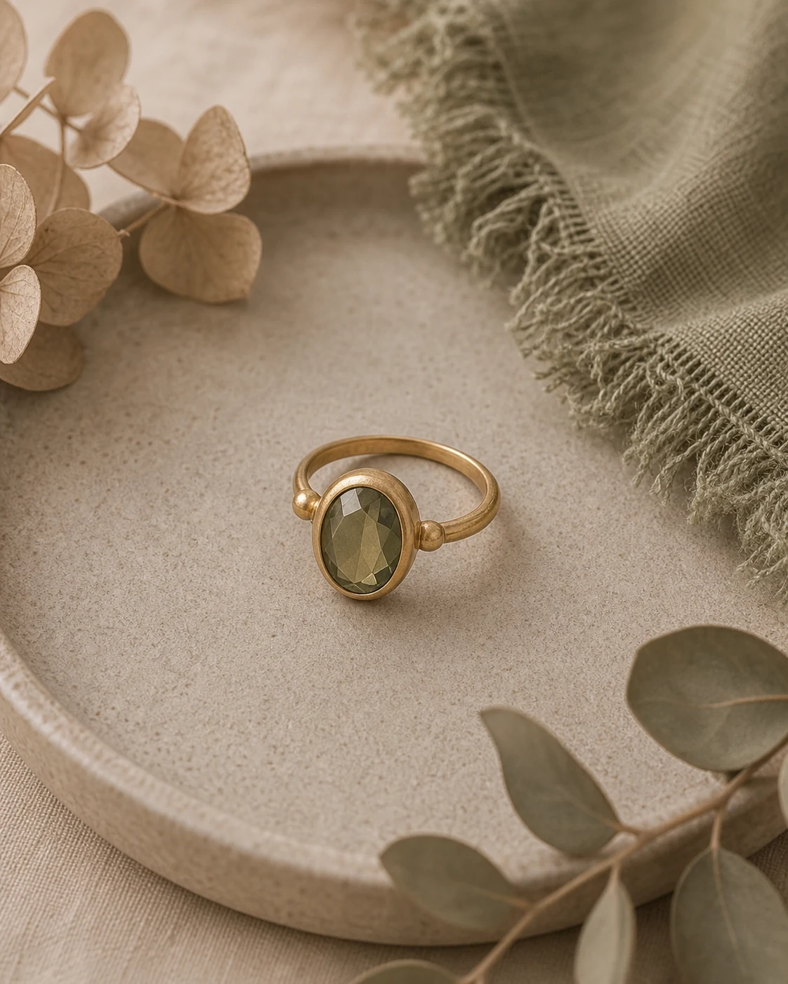 Anillo con gema oliva suave y engaste de oro antiguo