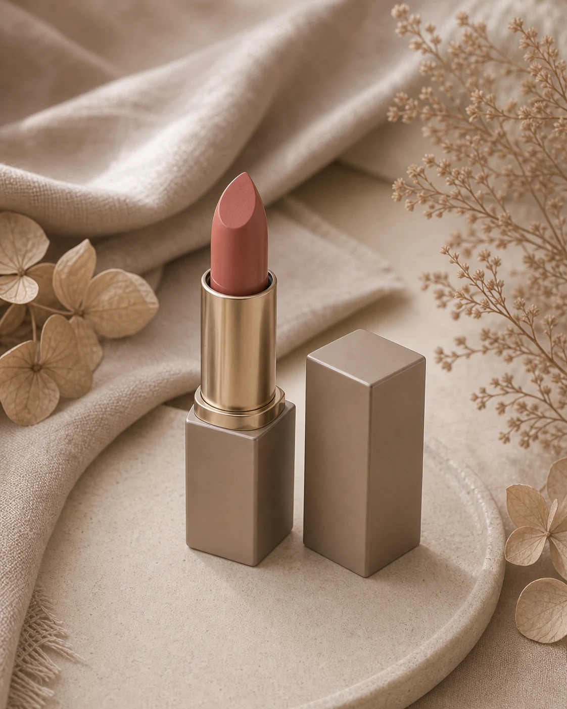 Labial rosa empolvado en packaging elegante