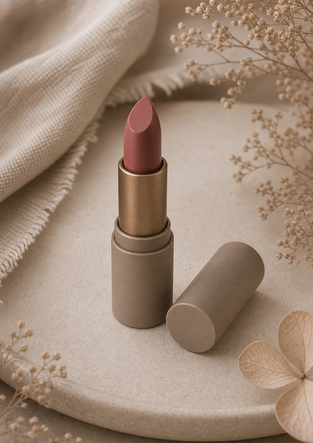 Labial rosewood apagado sobre fondo greige cálido