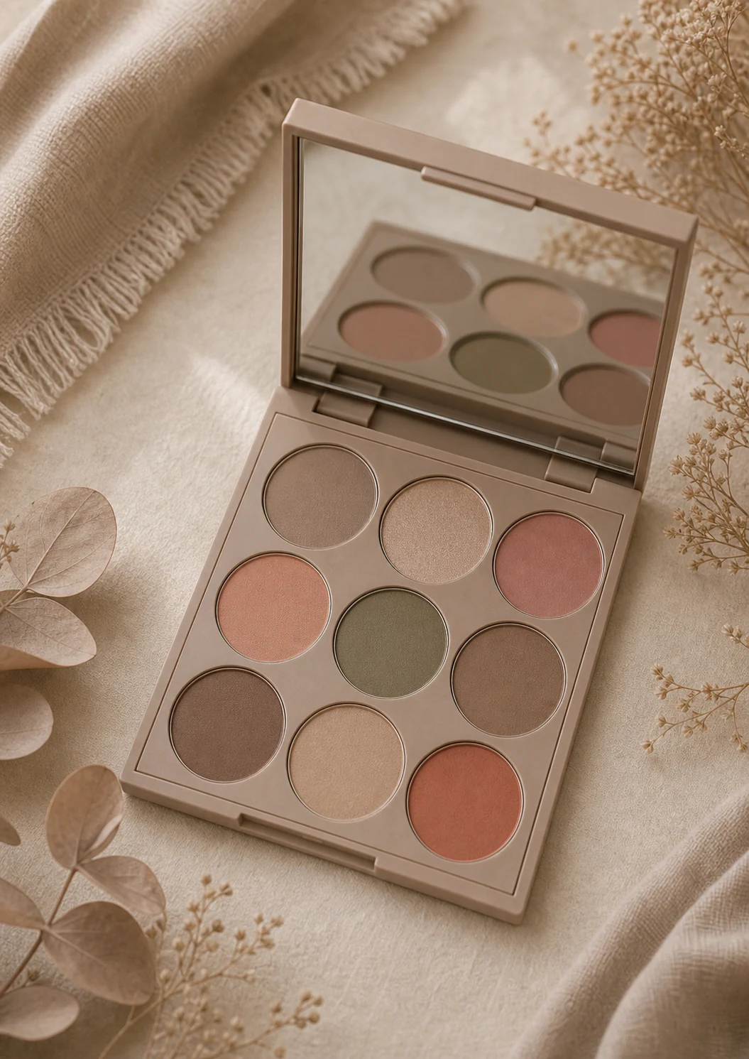 Paleta de maquillaje con tonos topo, champiñón, rosa empolvado, melocotón apagado, oliva grisácea, cacao suave, greige cálido y terracota apagada