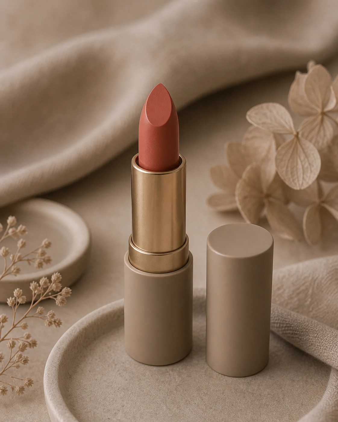 Labial terracota suave en tono arcilla rosada