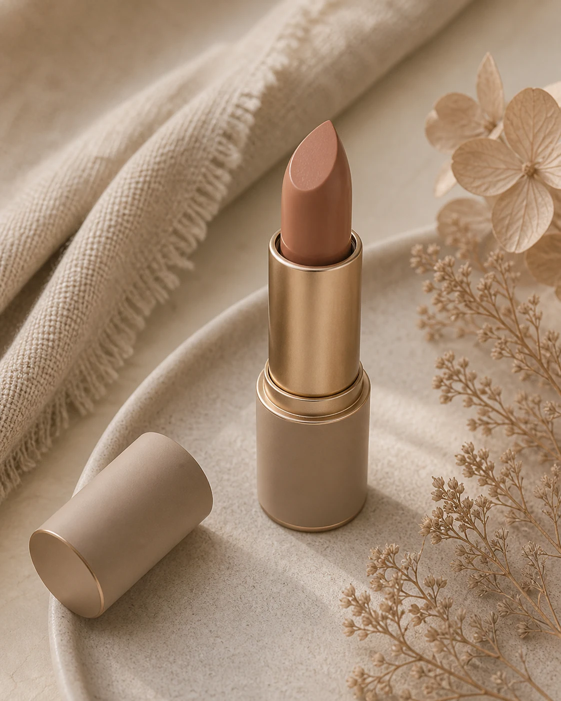 Labial nude beige cálido sobre fondo crema y champiñón
