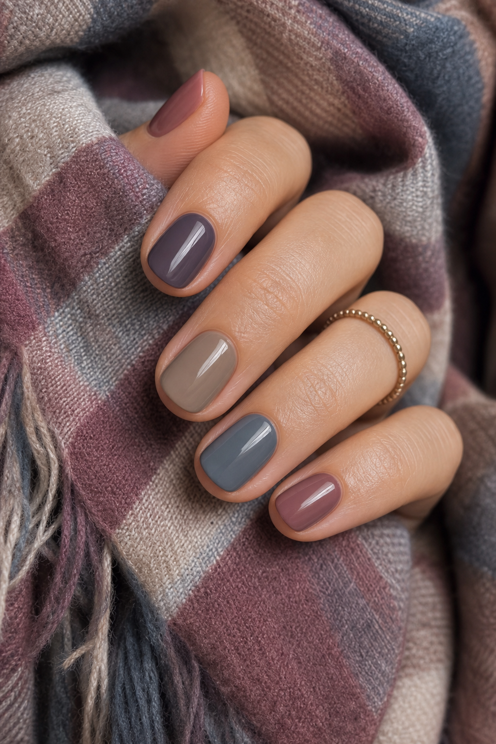 Manicura alterna en mauve, ciruela, mushroom y slate suave