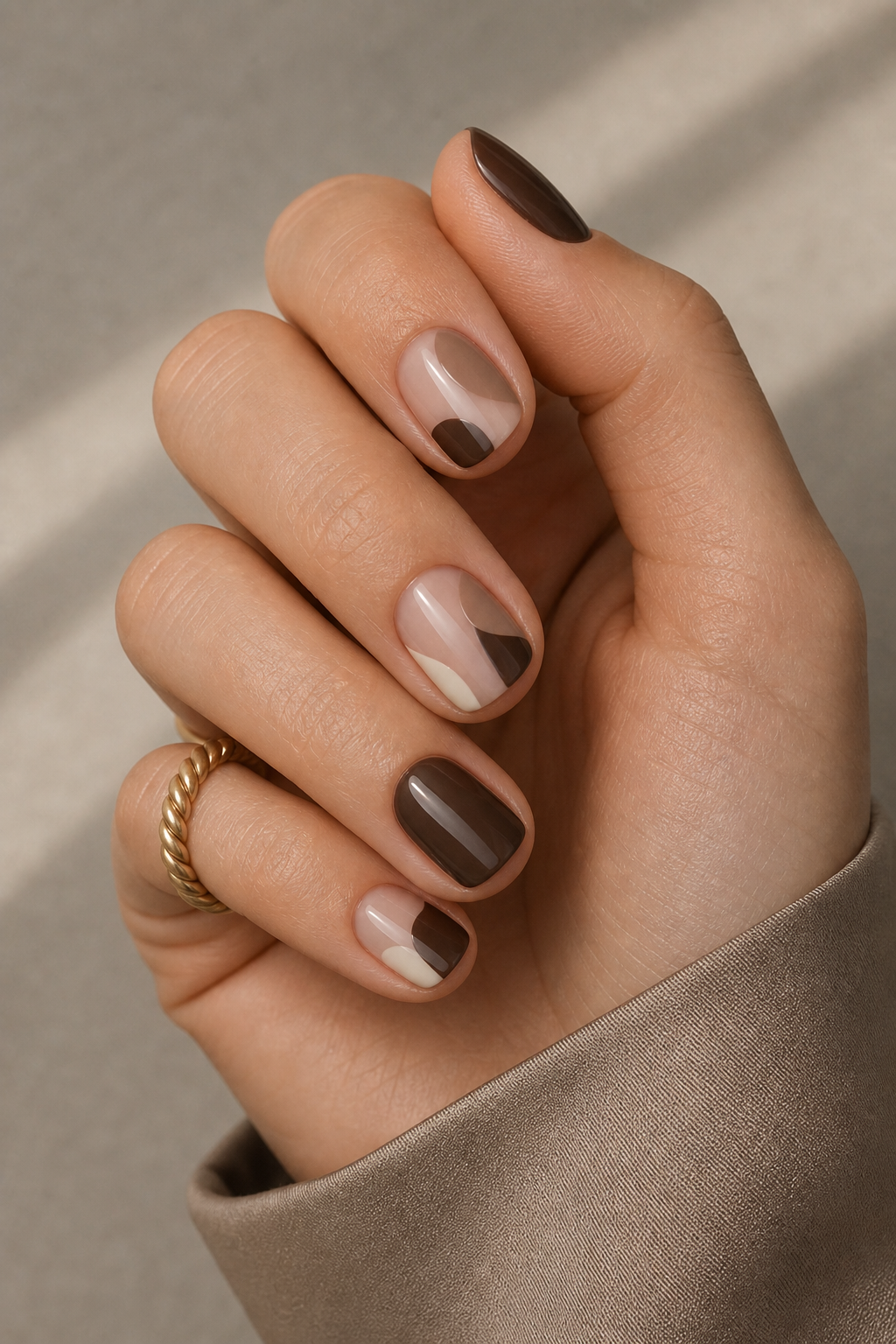 Manicura gráfica con espresso, crema y topo