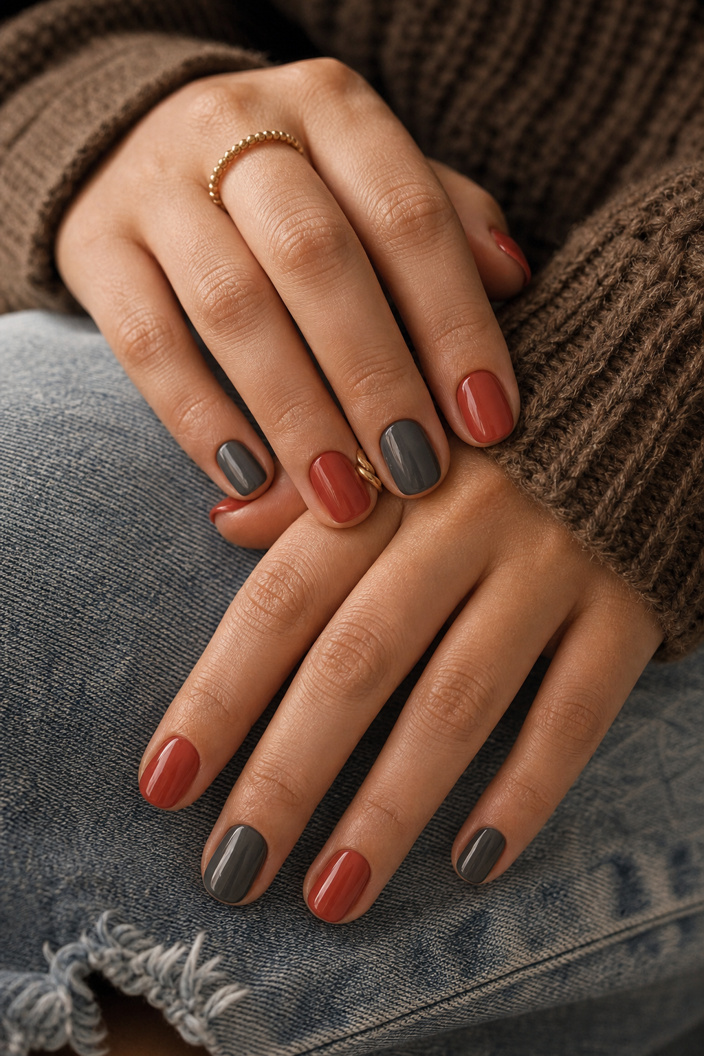 Manicura alterna en tomate apagado y gris carbón cálido