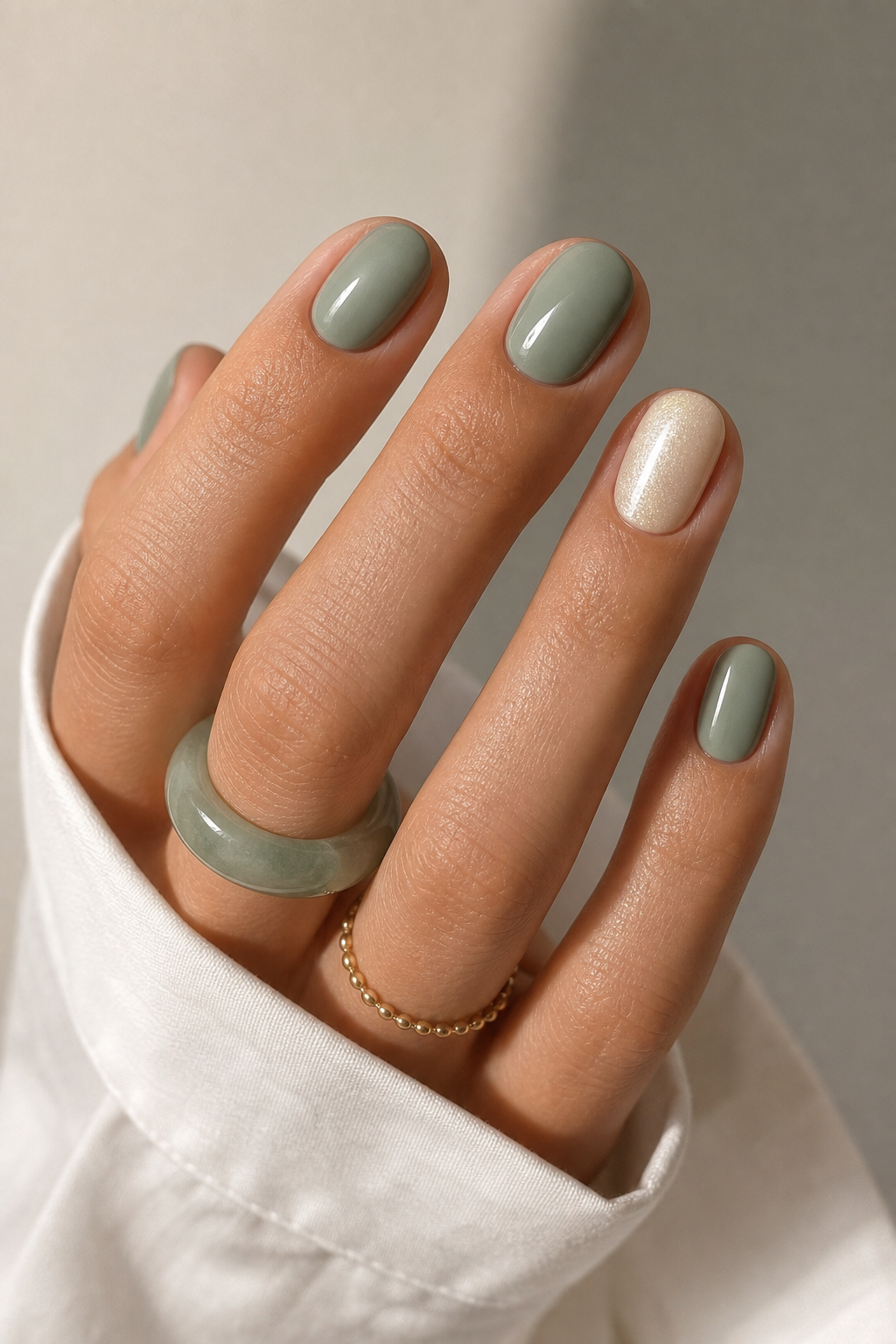 Manicura verde salvia con una uña nacarada