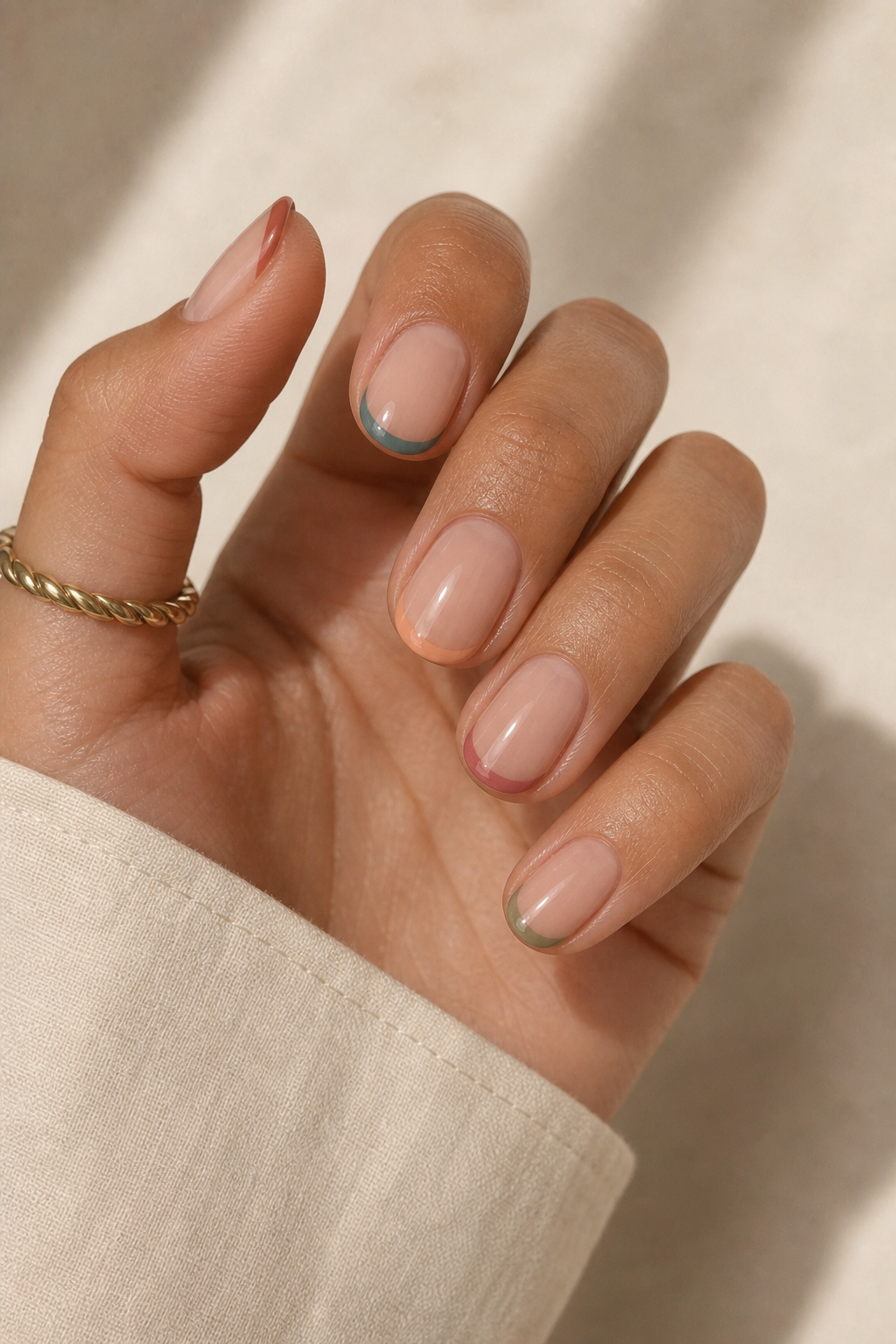 Micro French con base nude y puntas de colores apagados