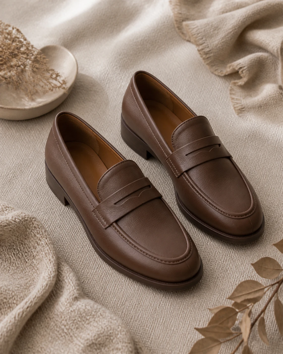 Mocasines de cuero color cacao sobre fondo greige