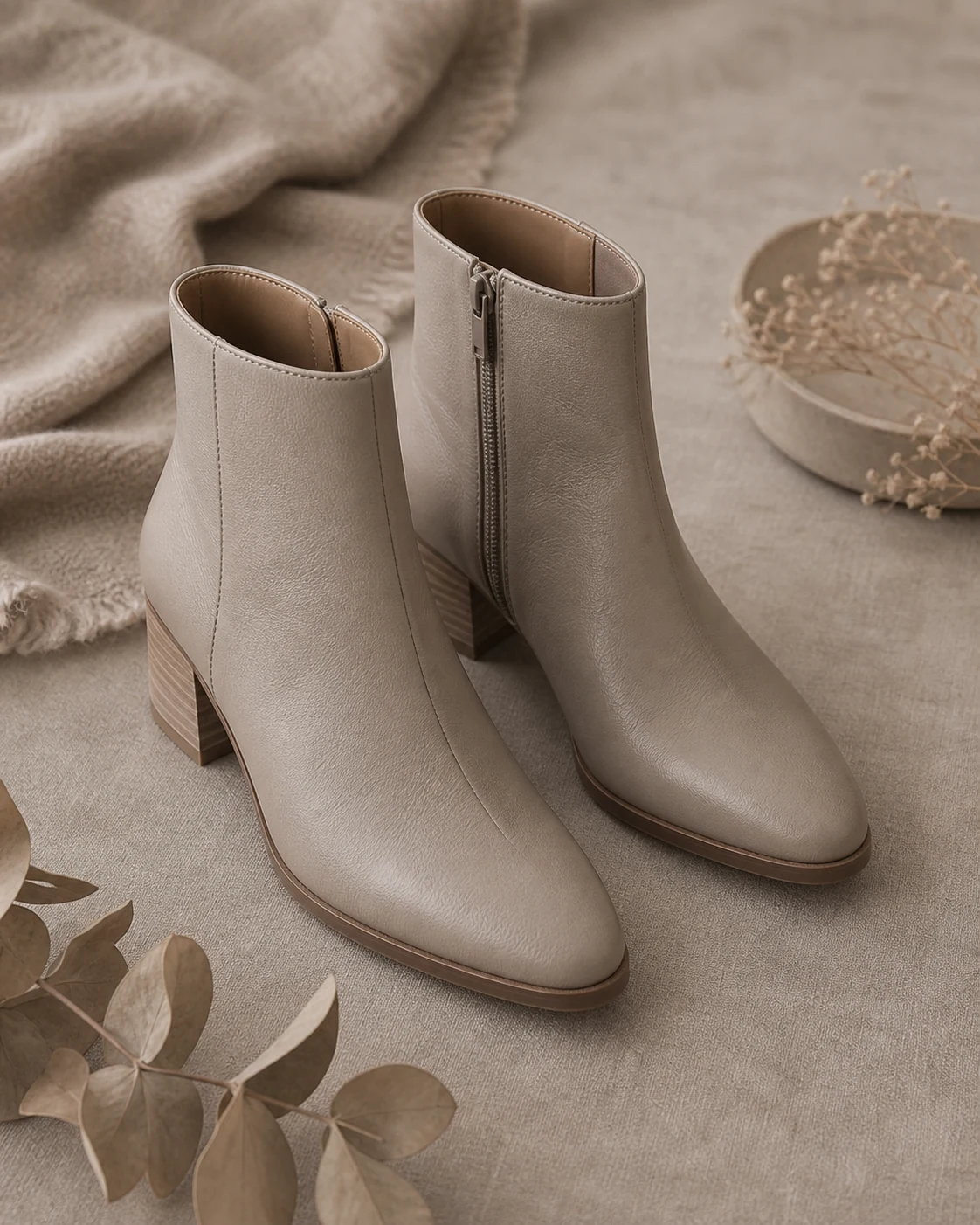 Botas de cuero greige sobre fondo topo champiñón